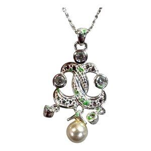 Vintage SU 925 Sterling Silver Italy Pendant Necklace Pearl Dangle Clear CZ 15"